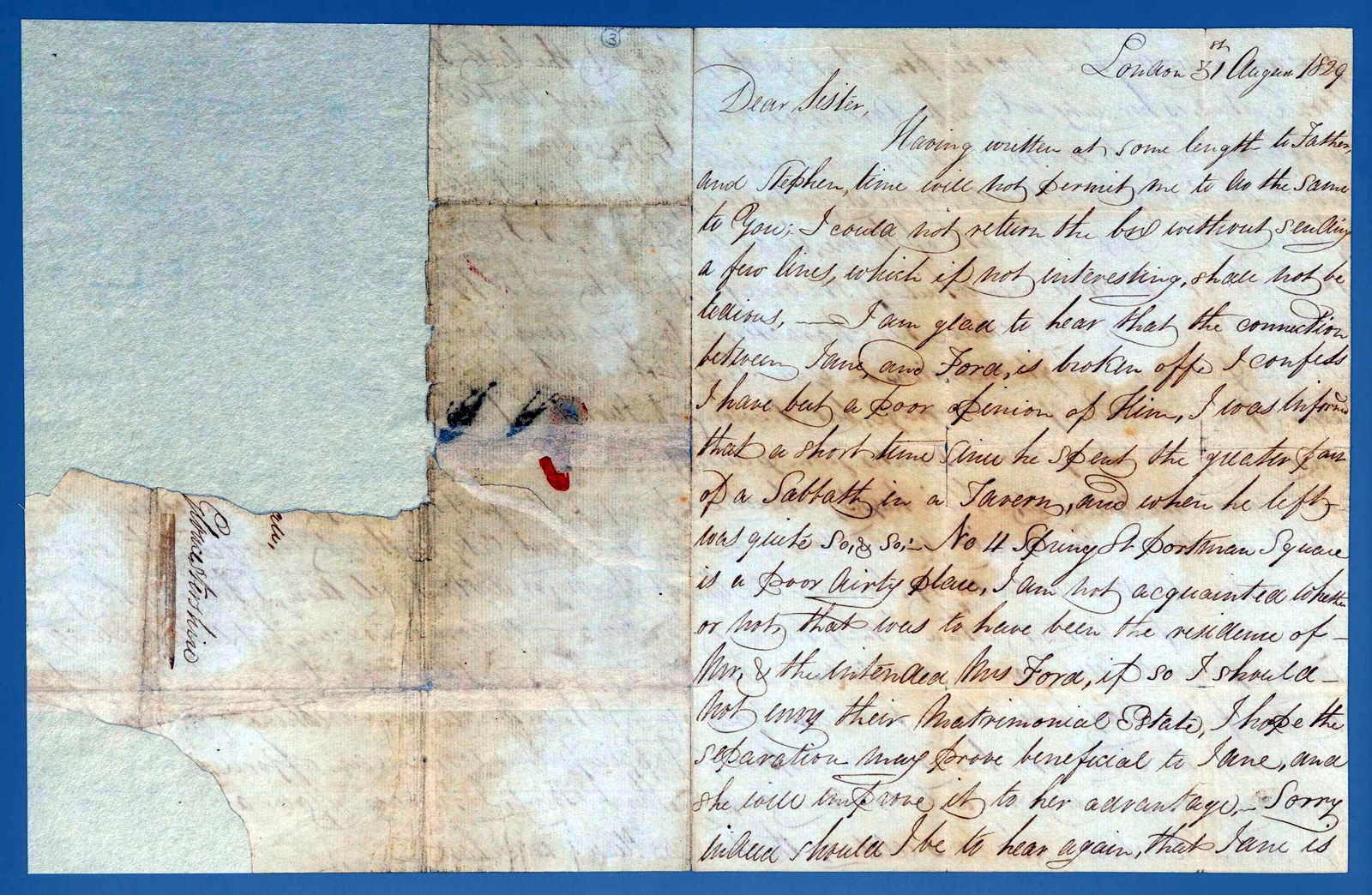 The 1829 letter, torn along one edge.