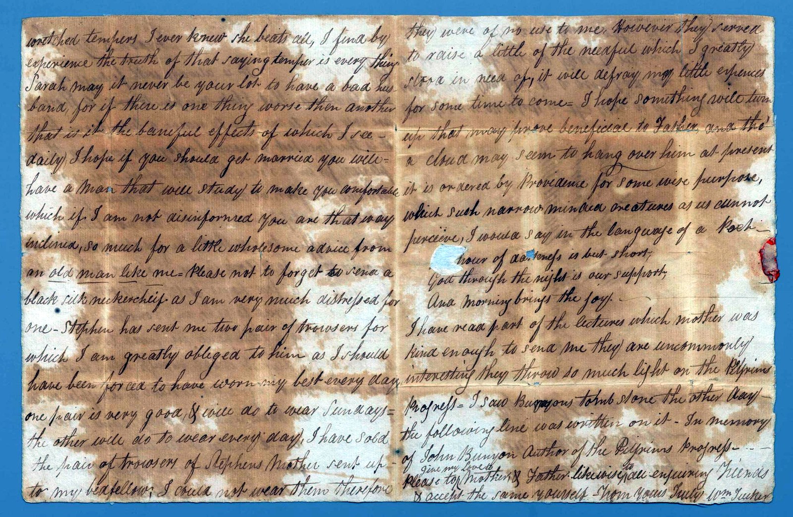 The continuation, with advice to Sarah, the trousers, and Bunyan's tomb.