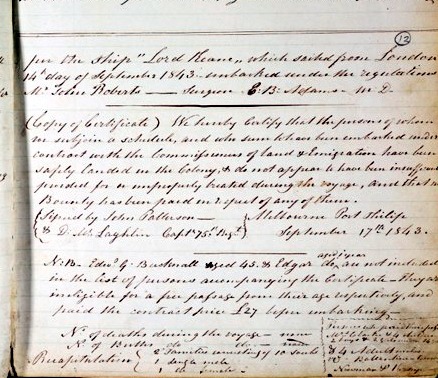 The right page of the ledger: the surgeon's and master's certificate, and the note on paid passages.