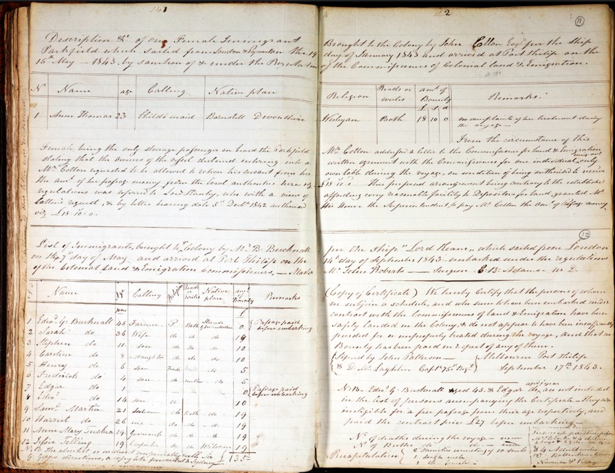 A page of the 1843 Lord Keane immigration ledger, listing the Bucknall household among the arriving immigrants.
